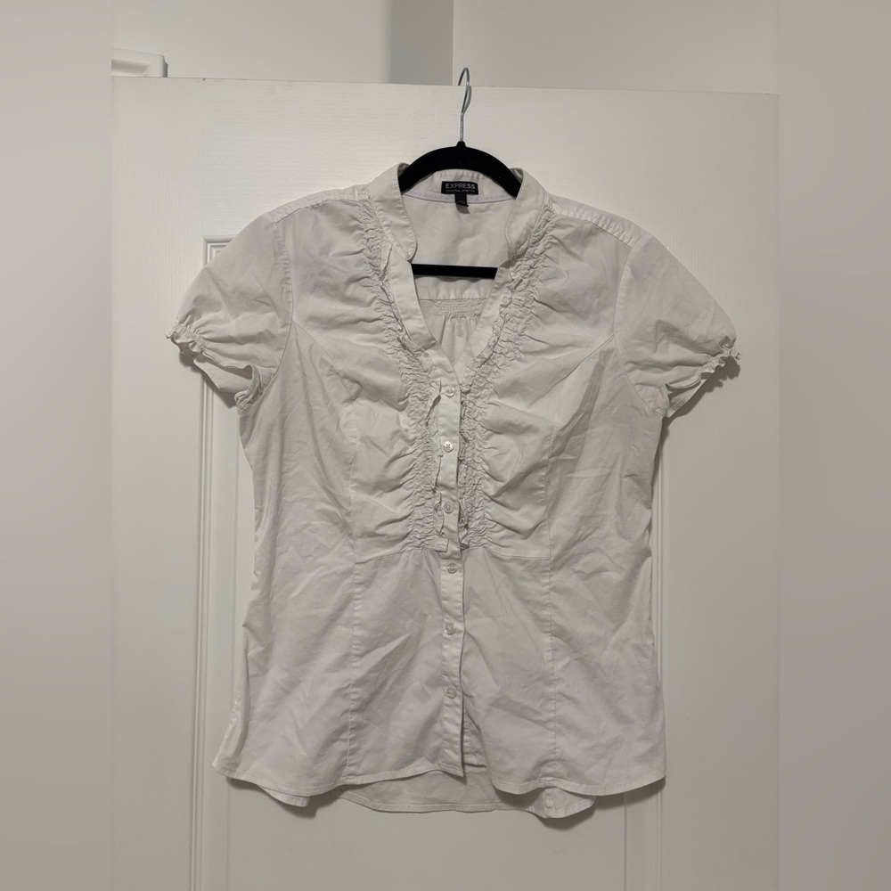 Express White Ruffle-Front Short Sleeve Blouse
